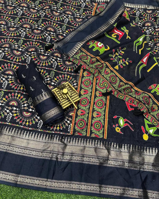 Soft Cotton Denting Kalamkari Saree with Zari Border & Printed Blouse – Swaraas