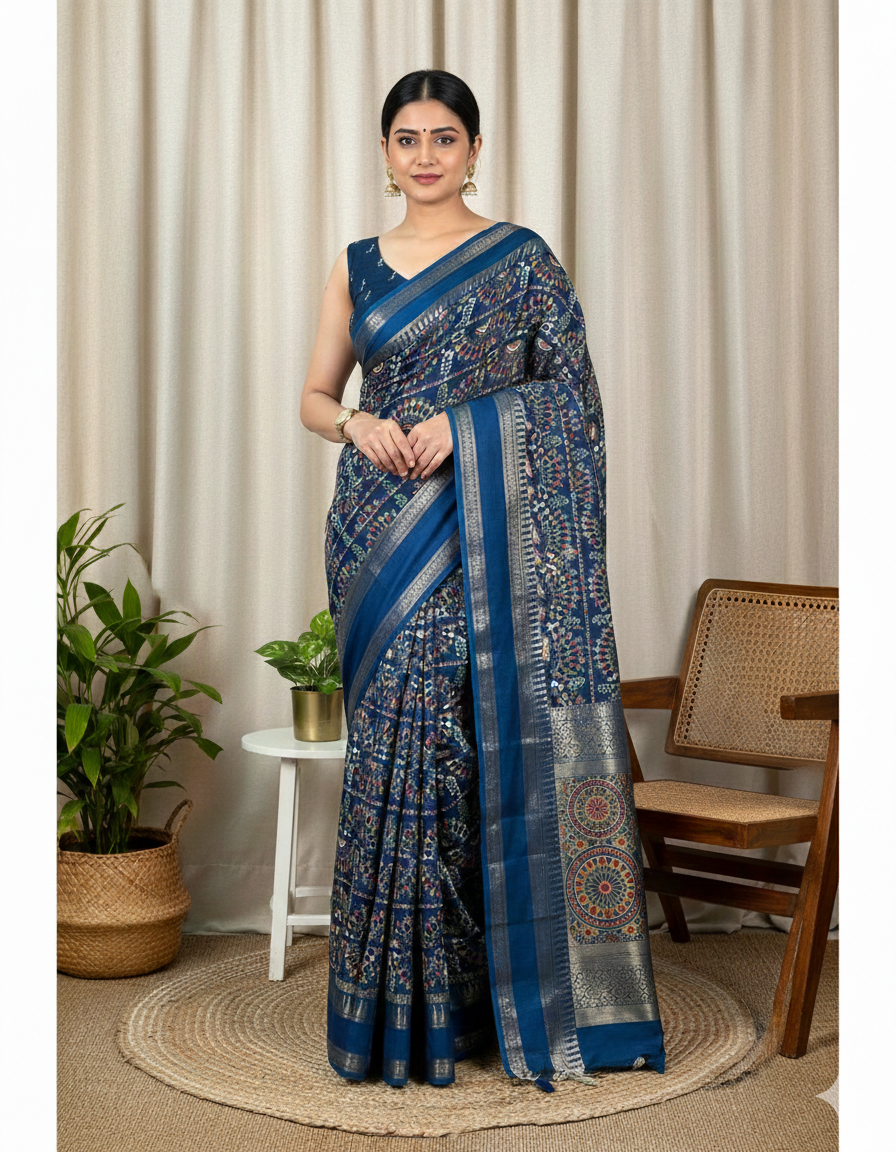 Soft Cotton Denting Kalamkari Saree with Zari Border & Printed Blouse – Swaraas