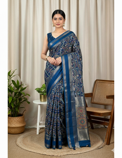 Soft Cotton Denting Kalamkari Saree with Zari Border & Printed Blouse – Swaraas