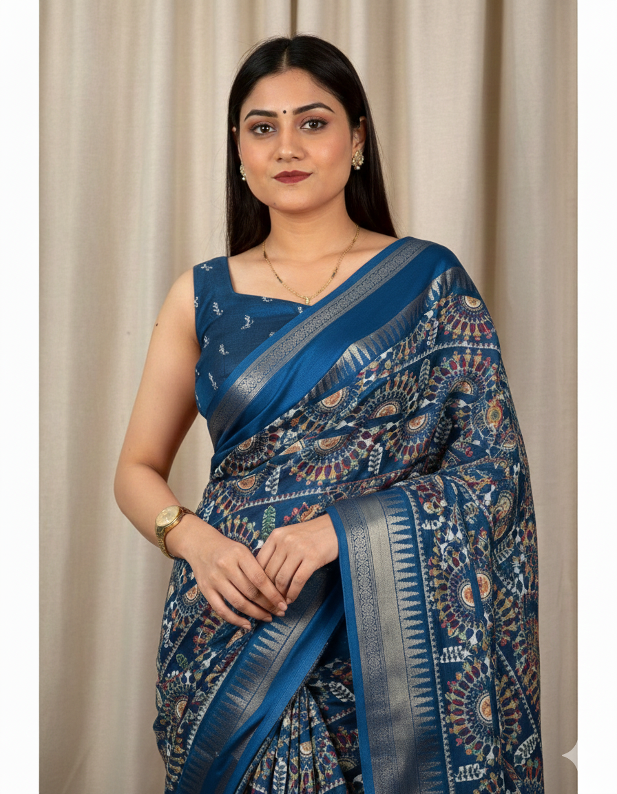 Soft Cotton Denting Kalamkari Saree with Zari Border & Printed Blouse – Swaraas