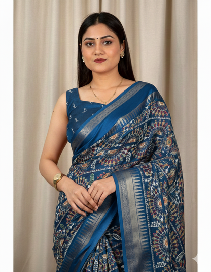 Soft Cotton Denting Kalamkari Saree with Zari Border & Printed Blouse – Swaraas