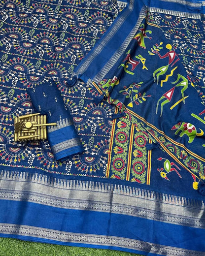Soft Cotton Denting Kalamkari Saree with Zari Border & Printed Blouse – Swaraas