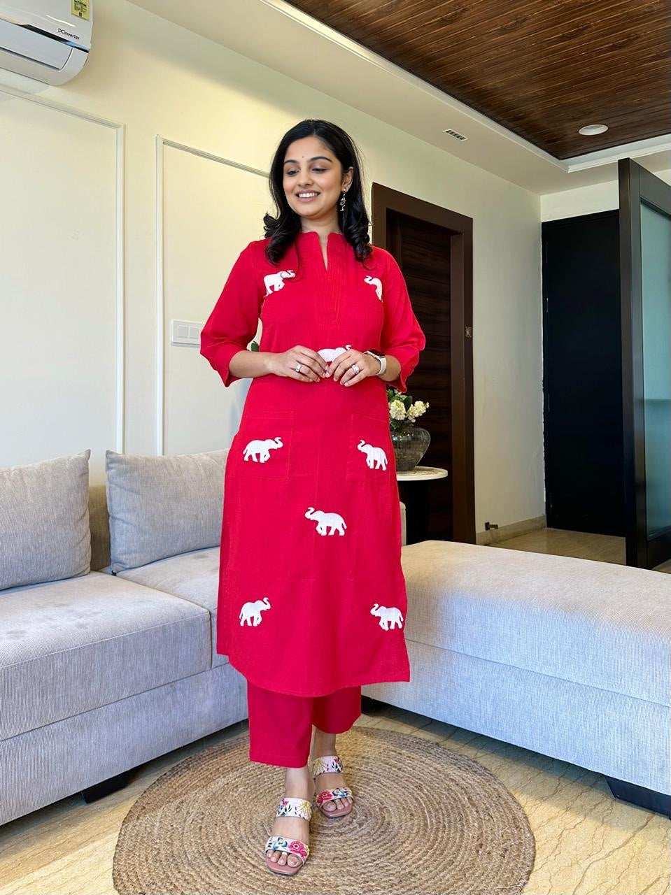 Elephant embroidered cotton pant set - Swaraas