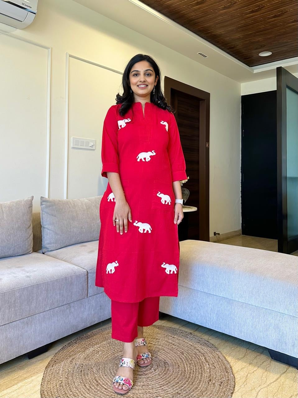 Elephant embroidered cotton pant set - Swaraas