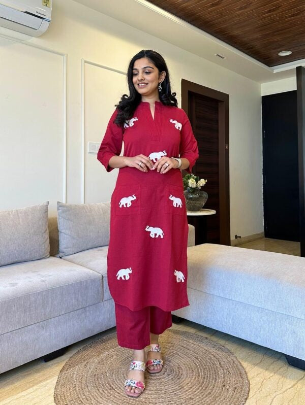 Elephant embroidered cotton pant set - Swaraas