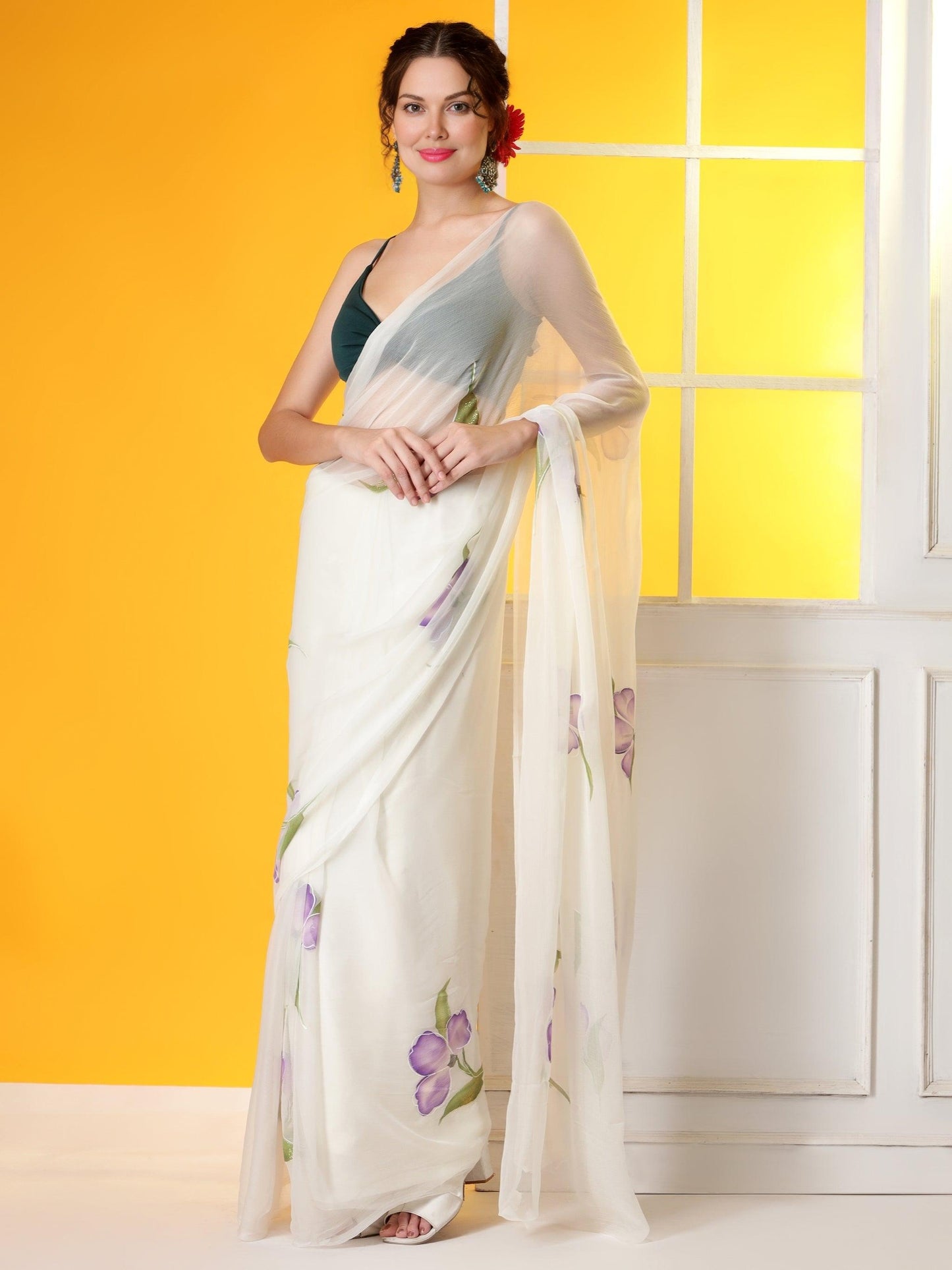 Off-white Lavender digital printed Chiffon Saree Set