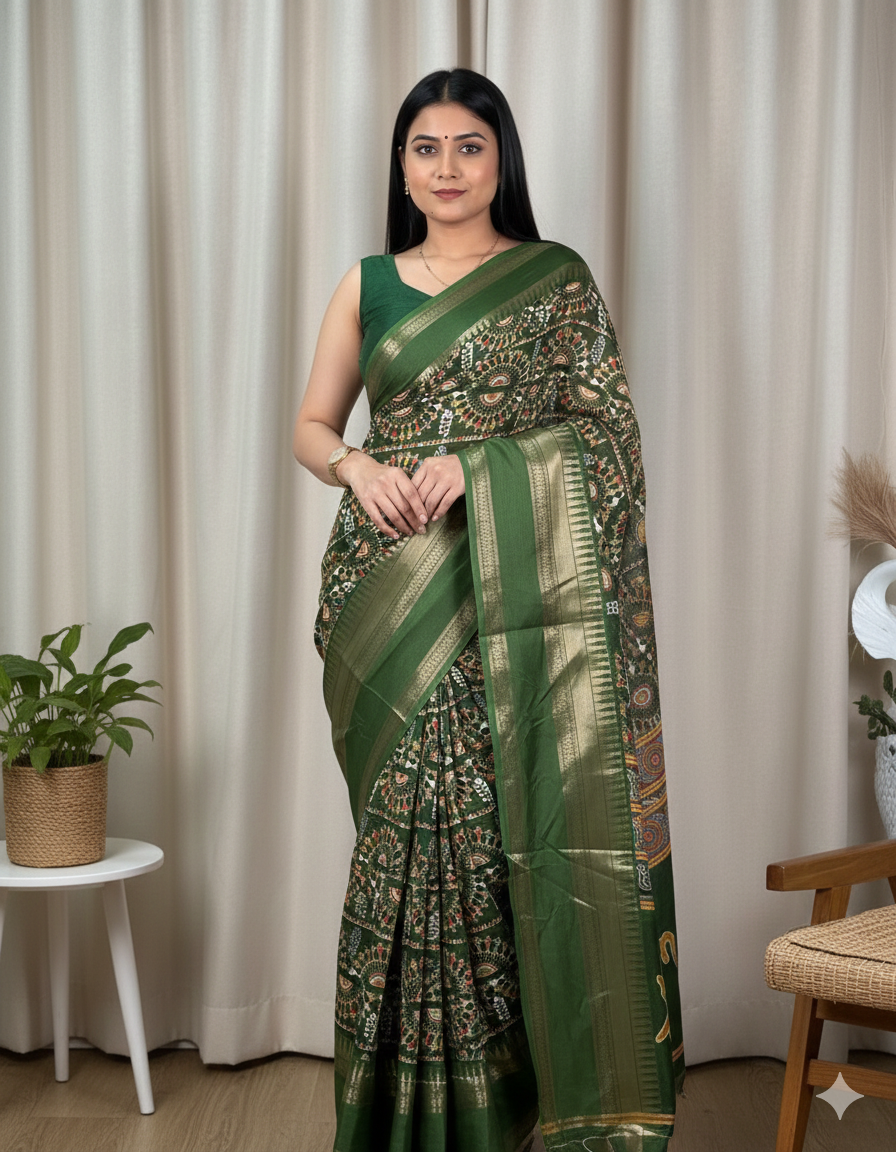Soft Cotton Denting Kalamkari Saree with Zari Border & Printed Blouse – Swaraas