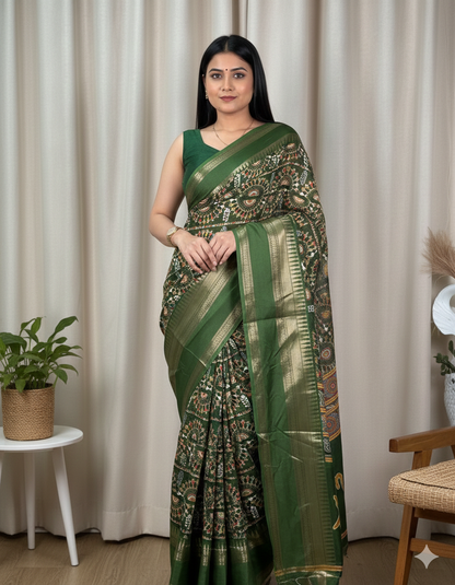 Soft Cotton Denting Kalamkari Saree with Zari Border & Printed Blouse – Swaraas