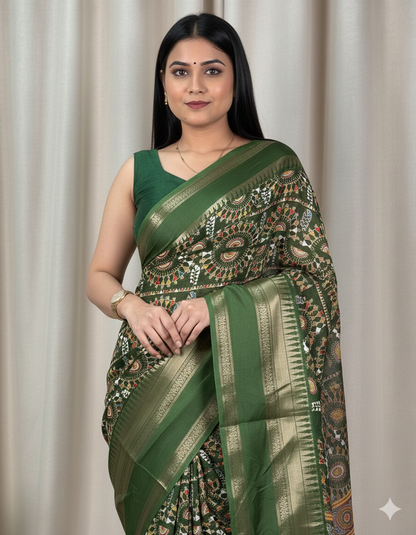 Soft Cotton Denting Kalamkari Saree with Zari Border & Printed Blouse – Swaraas
