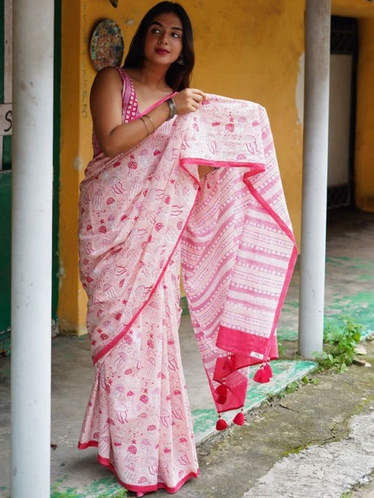 Baby pink linen saree with jellyfish block print - front drape view