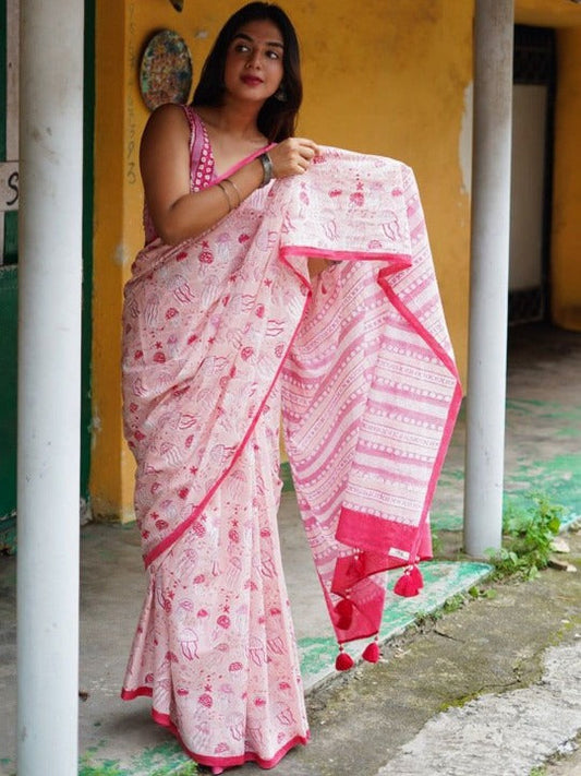 Baby pink linen saree with jellyfish block print - front drape view
