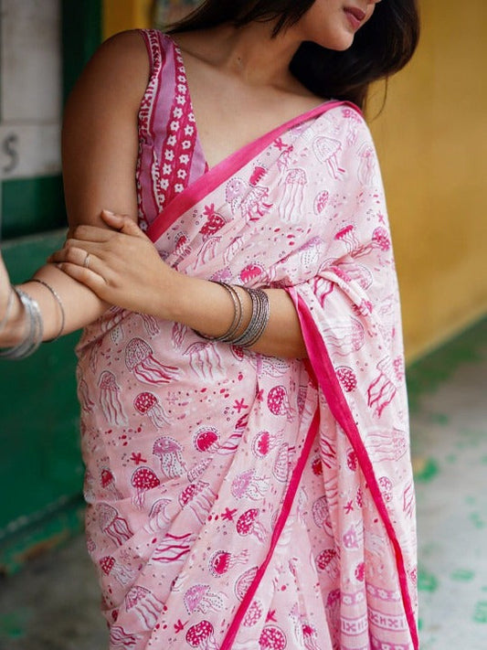 Baby pink linen saree jellyfish print close-up