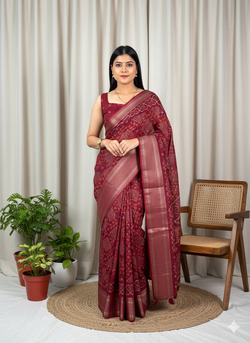 Soft Muslin Cotton Printed Saree with Zari Border & Matching Blouse – Swaraas