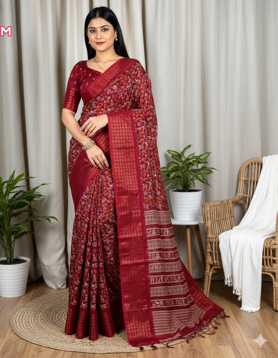 Soft Dola Silk Kalamkari Print Saree with Sequin & Zari Border | Printed Blouse – Swaraas