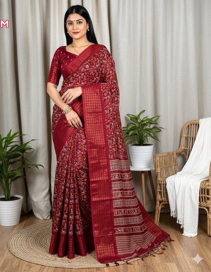 Soft Dola Silk Kalamkari Print Saree with Sequin & Zari Border | Printed Blouse – Swaraas
