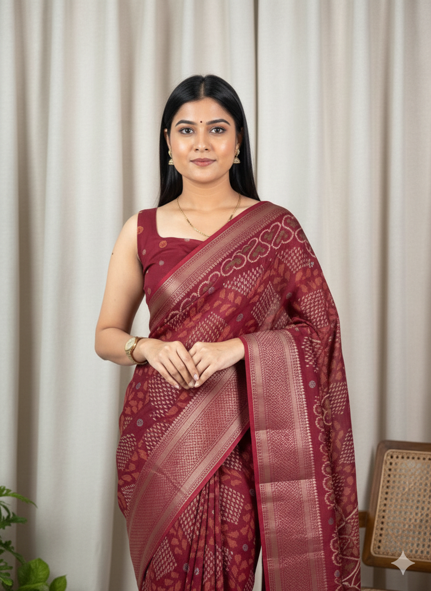 Soft Muslin Cotton Printed Saree with Zari Border & Matching Blouse – Swaraas
