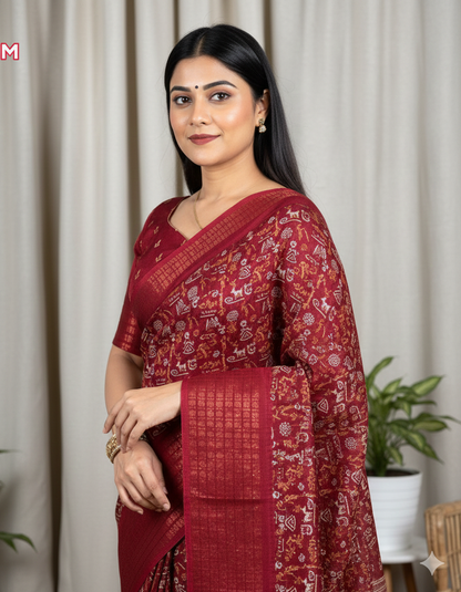 Soft Dola Silk Kalamkari Print Saree with Sequin & Zari Border | Printed Blouse – Swaraas