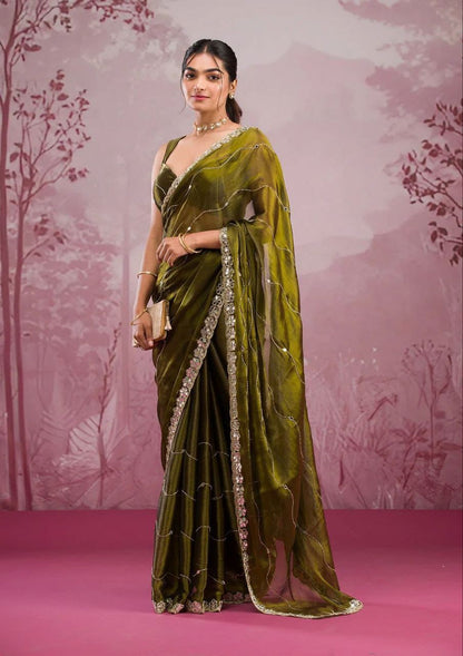 Soft Burberry Silk Saree with Embroidery & Real Mirror Work | Cut Work Border | 6.3 Meters with Matching Blouse