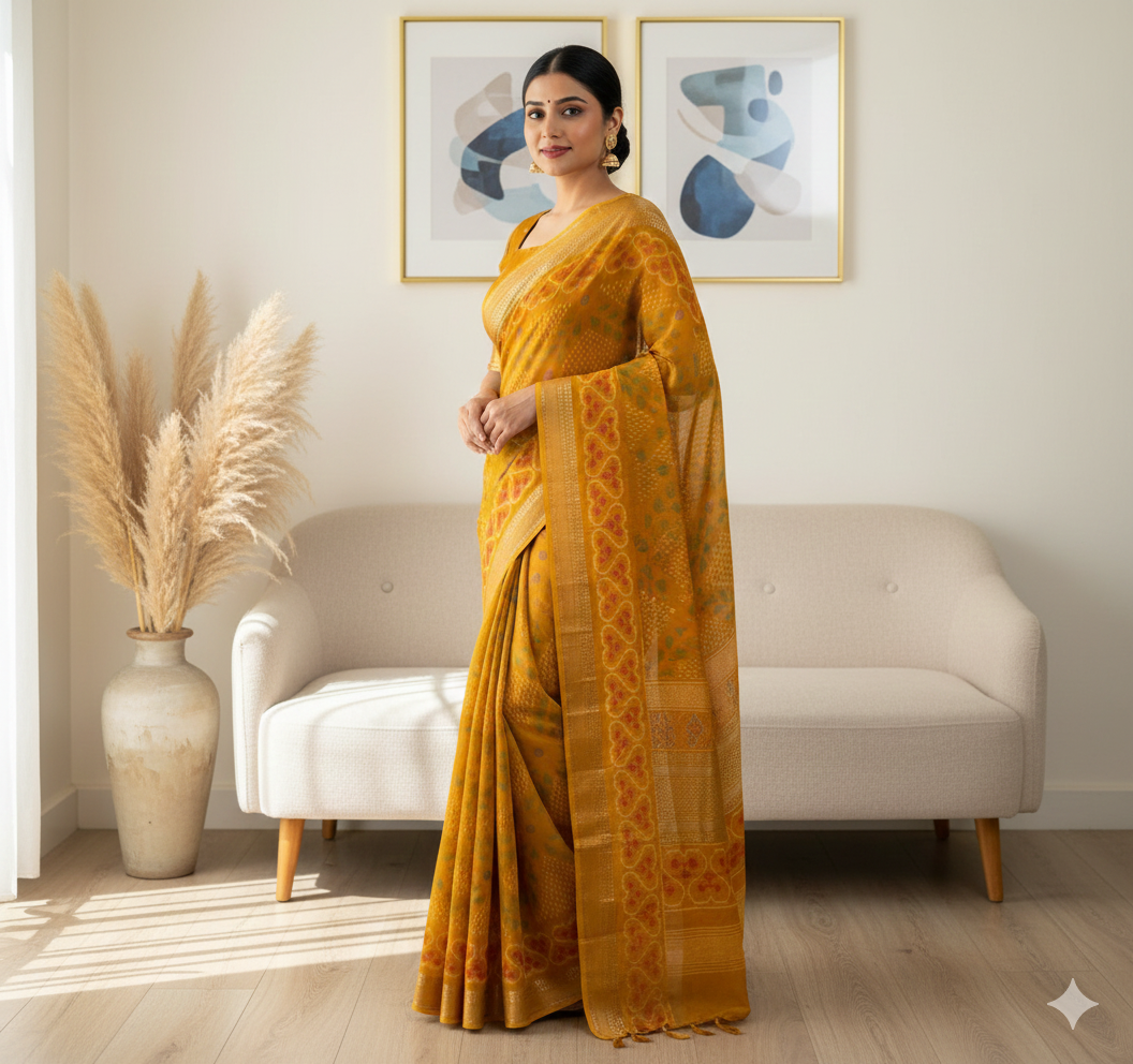Soft Muslin Cotton Printed Saree with Zari Border & Matching Blouse – Swaraas
