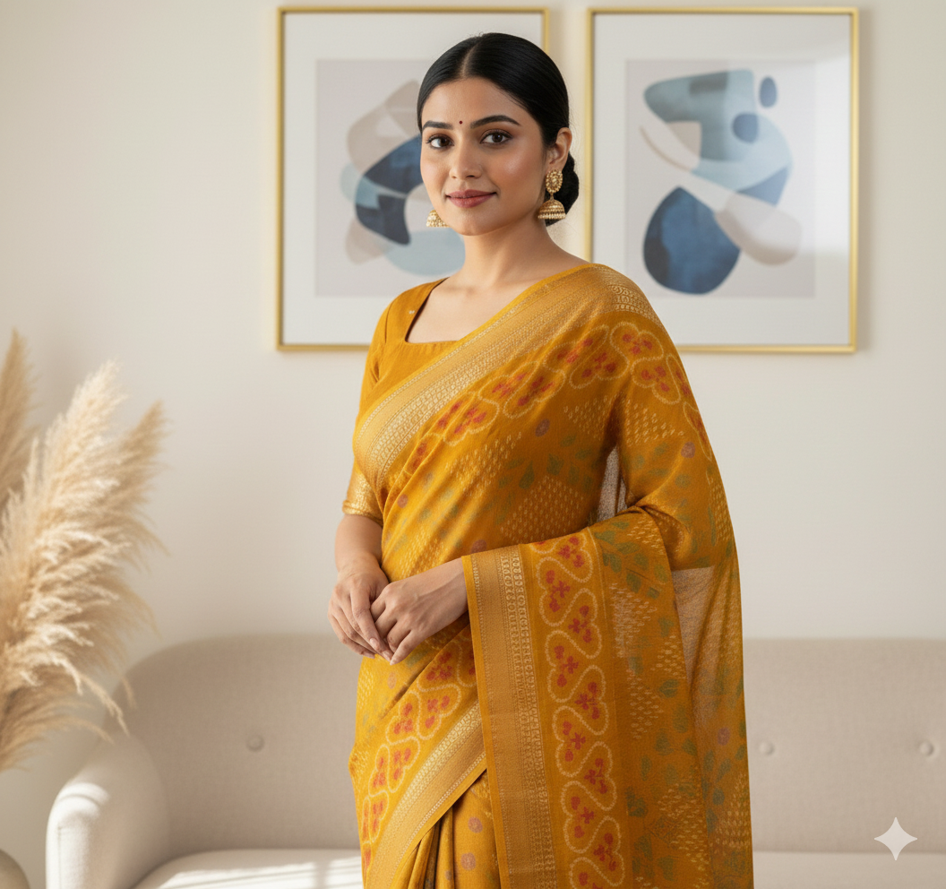 Soft Muslin Cotton Printed Saree with Zari Border & Matching Blouse – Swaraas