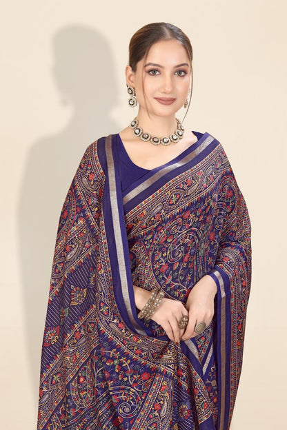 Pure Soft Tussar Silk Kashmiri Printed Saree with Rich Pallu & Golden Border | Elegant Traditional Wear