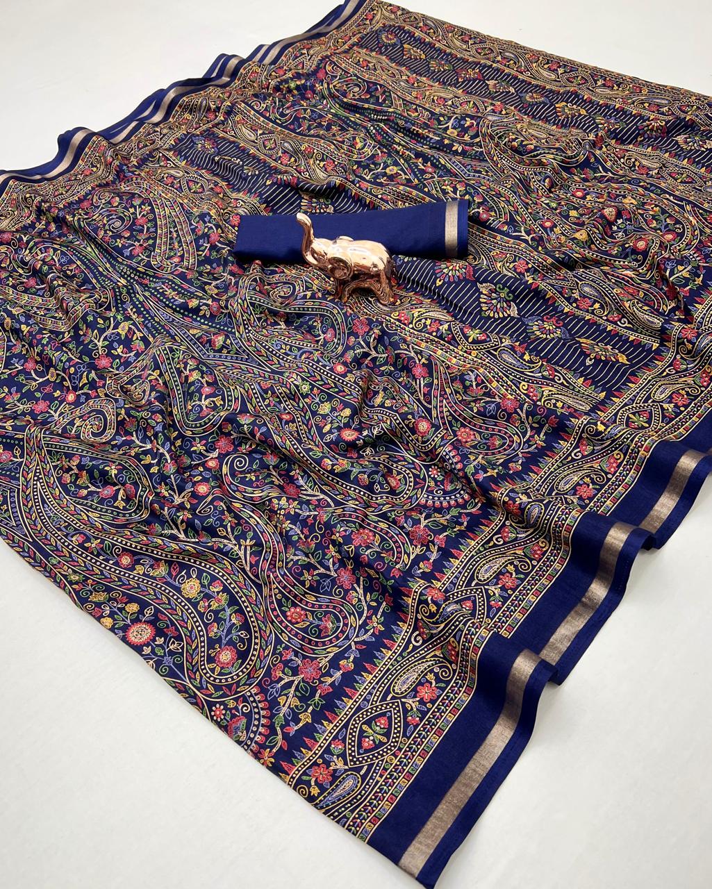 Pure Soft Tussar Silk Kashmiri Printed Saree with Rich Pallu & Golden Border | Elegant Traditional Wear