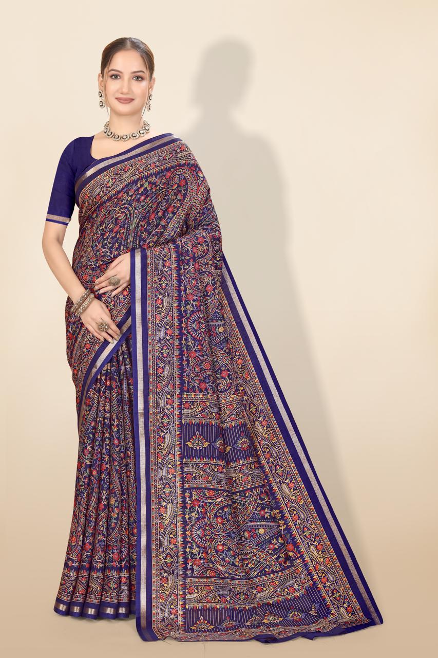 Pure Soft Tussar Silk Kashmiri Printed Saree with Rich Pallu & Golden Border | Elegant Traditional Wear