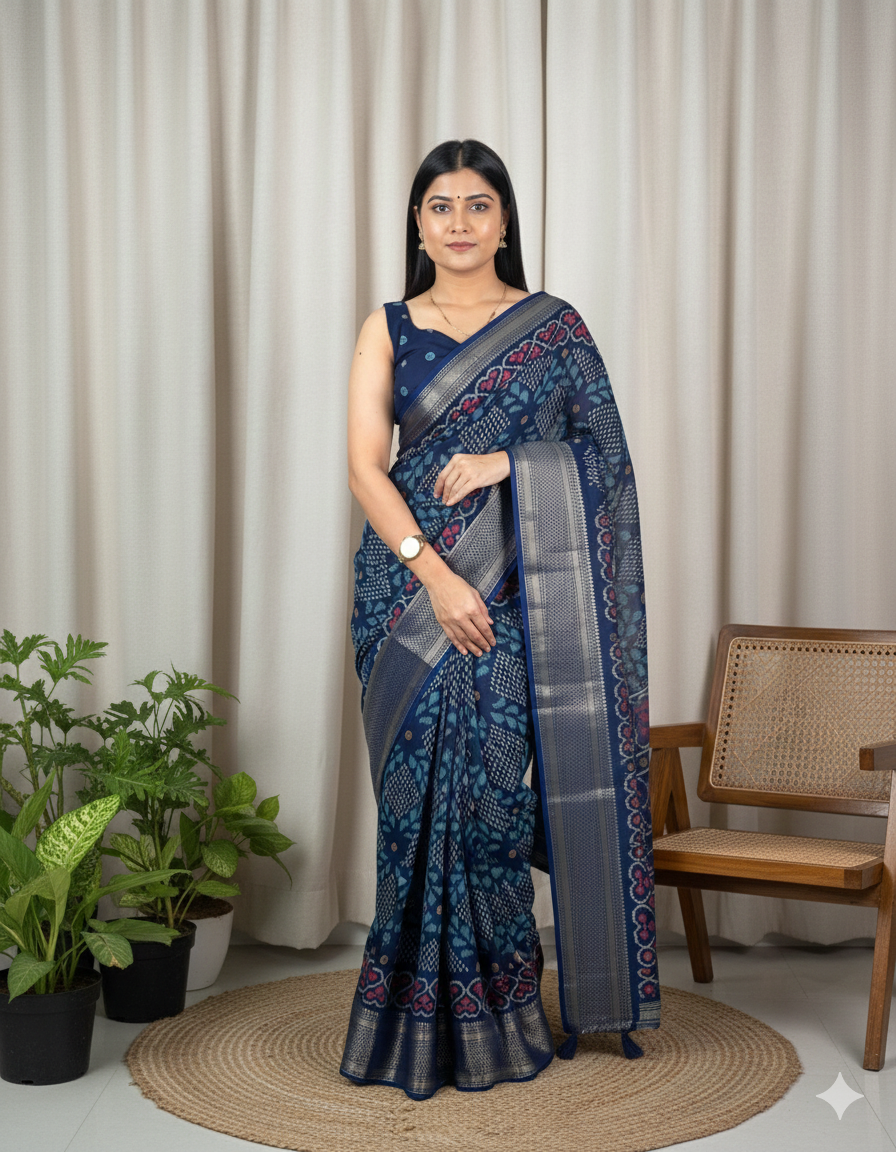 Soft Muslin Cotton Printed Saree with Zari Border & Matching Blouse – Swaraas