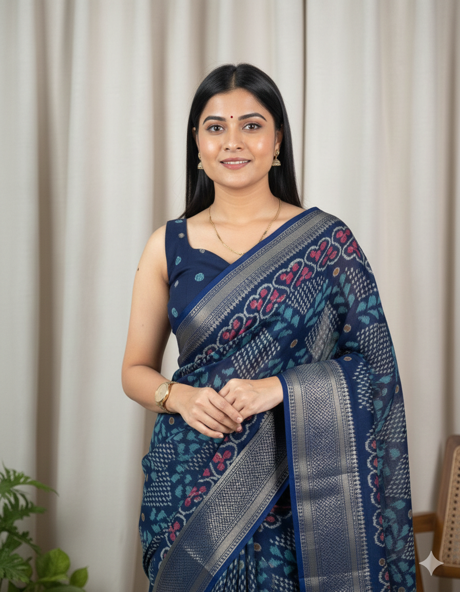 Soft Muslin Cotton Printed Saree with Zari Border & Matching Blouse – Swaraas