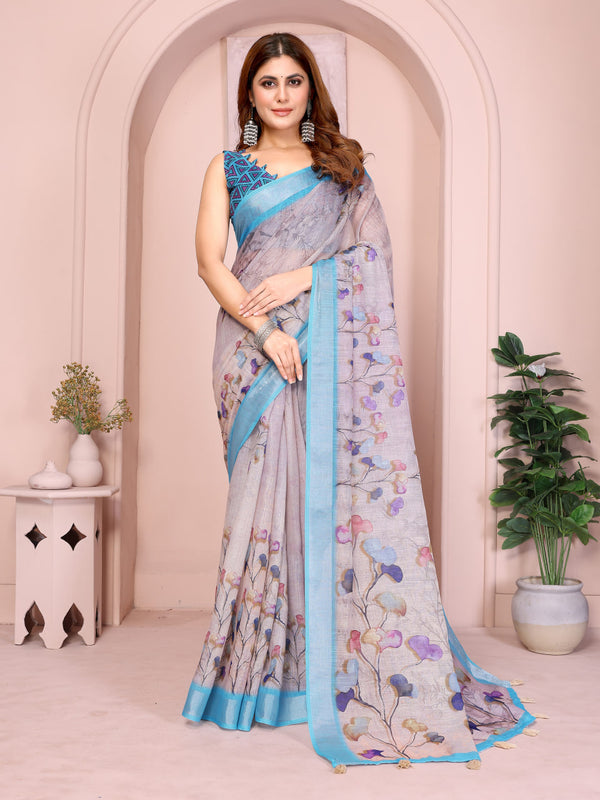 Lavender Grey Linen Saree with Multicolour Floral Print and Sky Blue Border, 6.3 Metres with Running Blouse for Office Wear