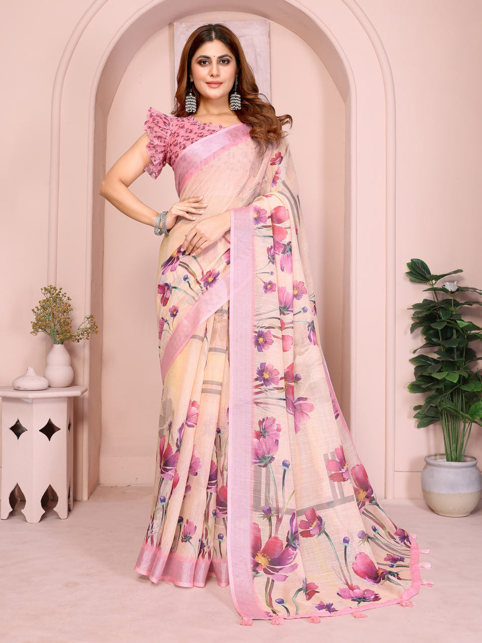 Cream and Blush Pink Floral Print Linen Saree with Pink Border, Tassel Pallu and Running Blouse for Daily Wear