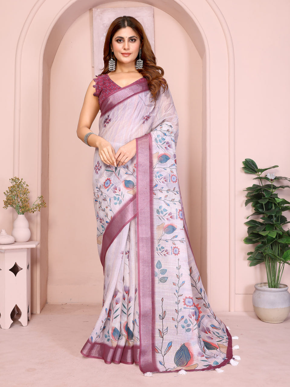 Lavender Grey Floral Print Linen Saree with Mauve Border and Tassel Pallu, 6.3 Metres with Running Blouse for Office Wear
