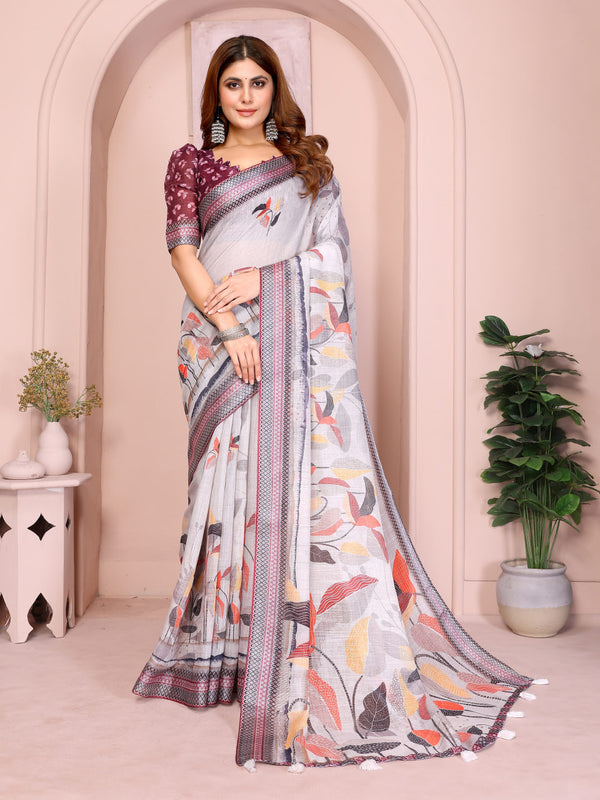 Silver Grey Linen Saree with Multicolour Botanical Print, Patterned Border and Running Blouse for Office Wear