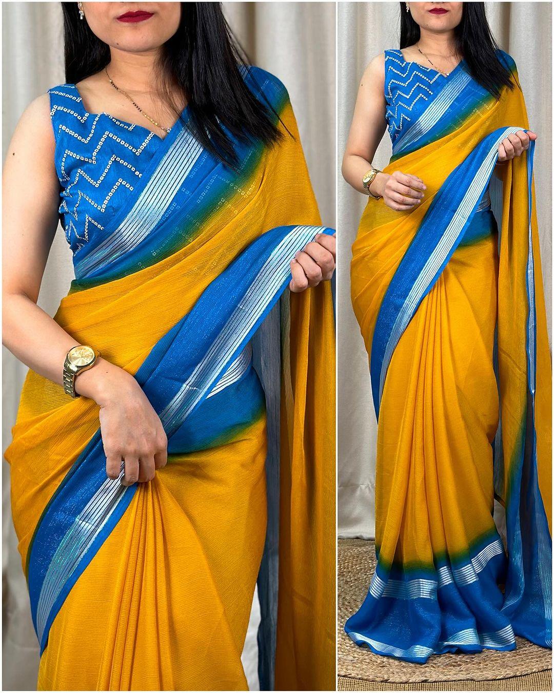 New chiffon saree with zari and sequence blouse