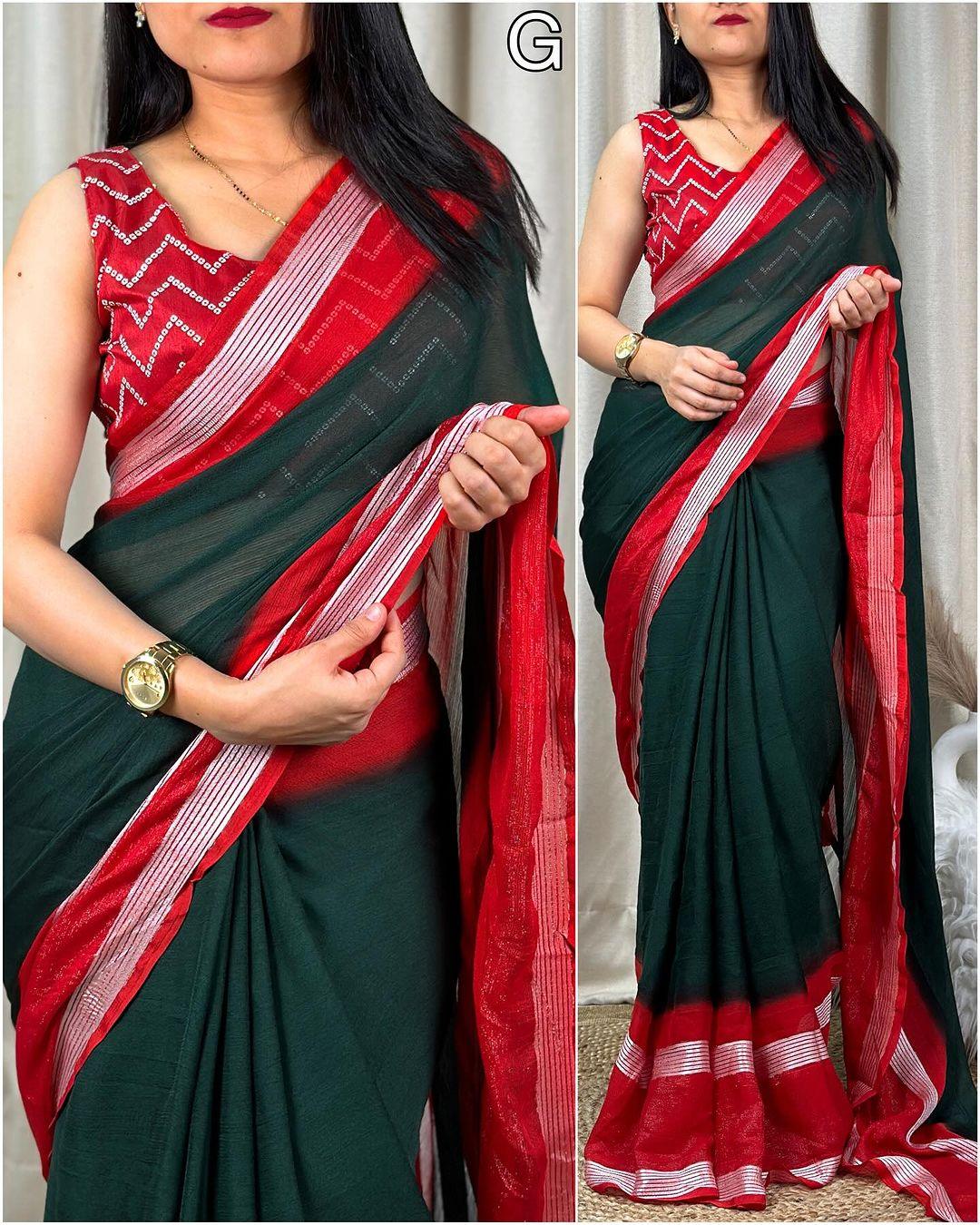 New chiffon saree with zari and sequence blouse