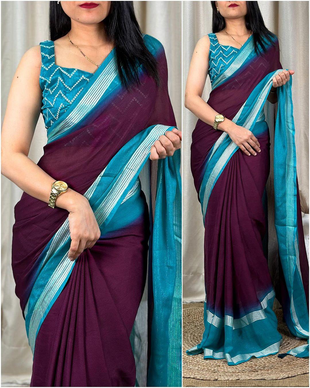 New chiffon saree with zari and sequence blouse