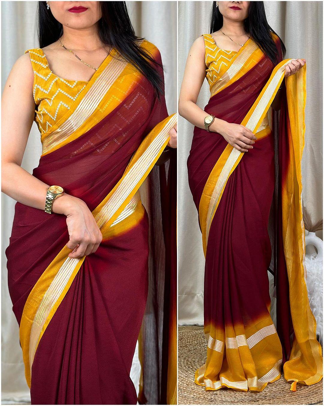 New chiffon saree with zari and sequence blouse