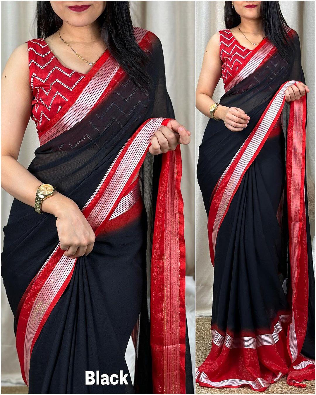 New chiffon saree with zari and sequence blouse