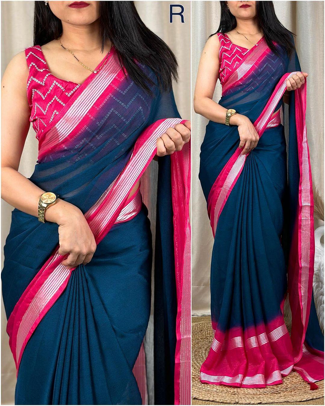 New chiffon saree with zari and sequence blouse