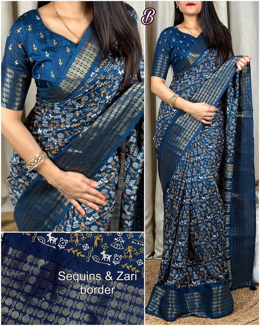 Kalamkari print saree with sequin & zari boder with printed blouse