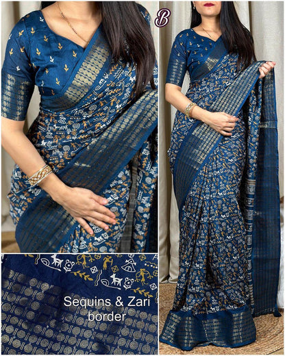 Kalamkari print saree with sequin & zari boder with printed blouse - Swaraas