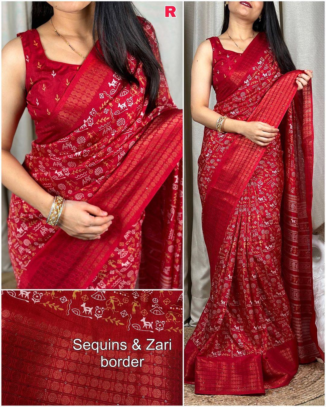 Kalamkari print saree with sequin & zari boder with printed blouse