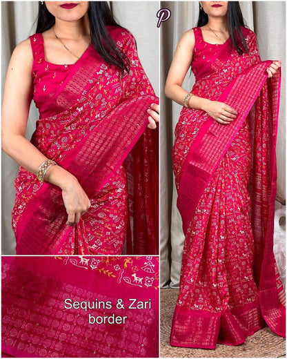Kalamkari print saree with sequin & zari boder with printed blouse - Swaraas