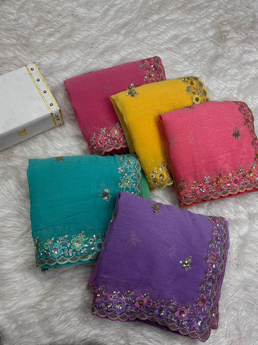 Soft 3D Padding Saree with 5mm Sequin & Multi-Thread Embroidery – Arc-Cut Border Design | Swaraas.in