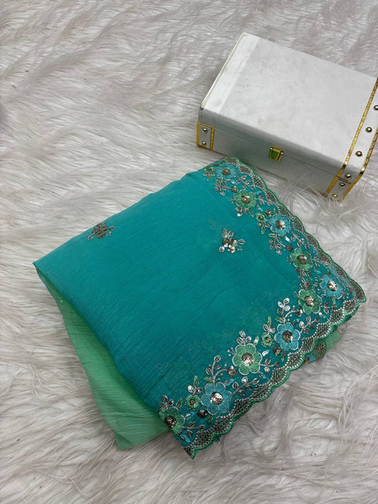 Soft 3D Padding Saree with 5mm Sequin & Multi-Thread Embroidery – Arc-Cut Border Design | Swaraas.in