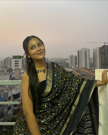 Soft Dola Silk Kalamkari Saree with Worli Print & Sequin Border | Printed Blouse – Swaraas