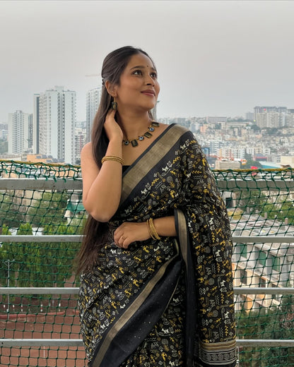Soft Dola Silk Kalamkari Saree with Worli Print & Sequin Border | Printed Blouse – Swaraas