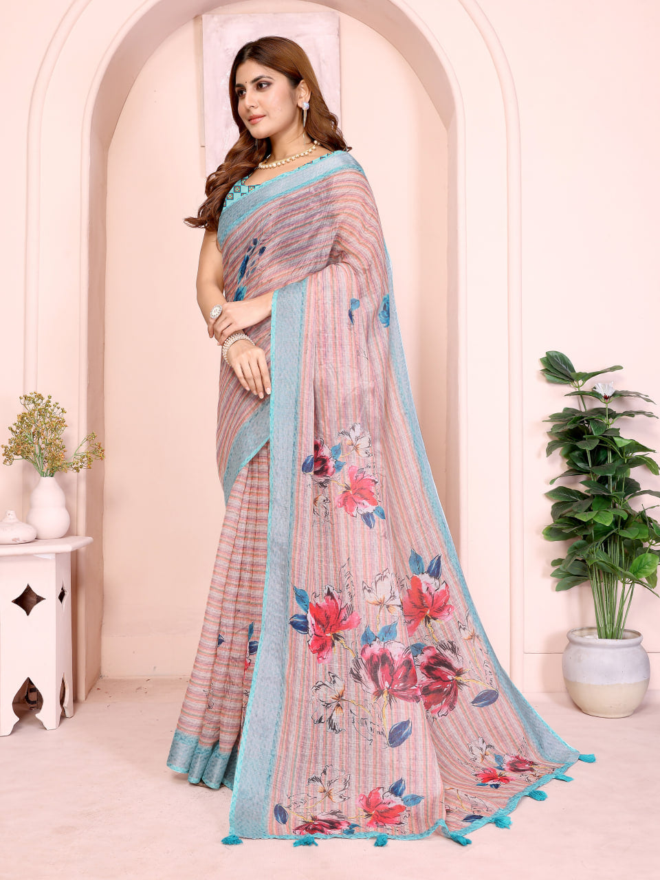 Blush Pink Floral Print Linen Saree with Aqua Blue Border, Tassel Pallu and Running Blouse for Elegant Office Wear