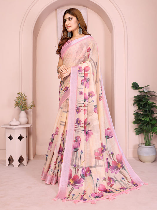 Cream and Blush Pink Floral Print Linen Saree with Pink Border, Tassel Pallu and Running Blouse for Daily Wear