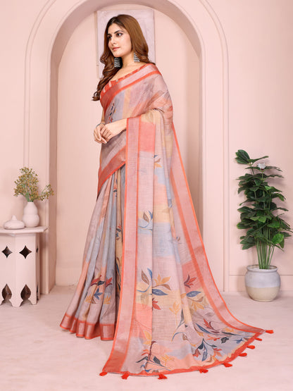 Pastel Peach and Grey Linen Saree with Floral Print, Coral Border and Tasselled Pallu, 6.3 m with Running Blouse